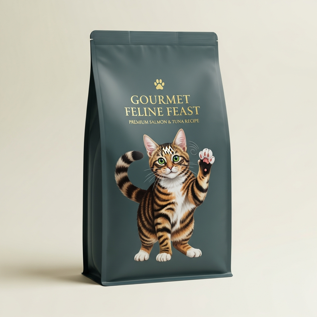 AI_IMAGE: Premium cat food bag with a playful tabby cat illustration on the label, soft studio lighting, clean product shot on a cream background | photorealistic | square