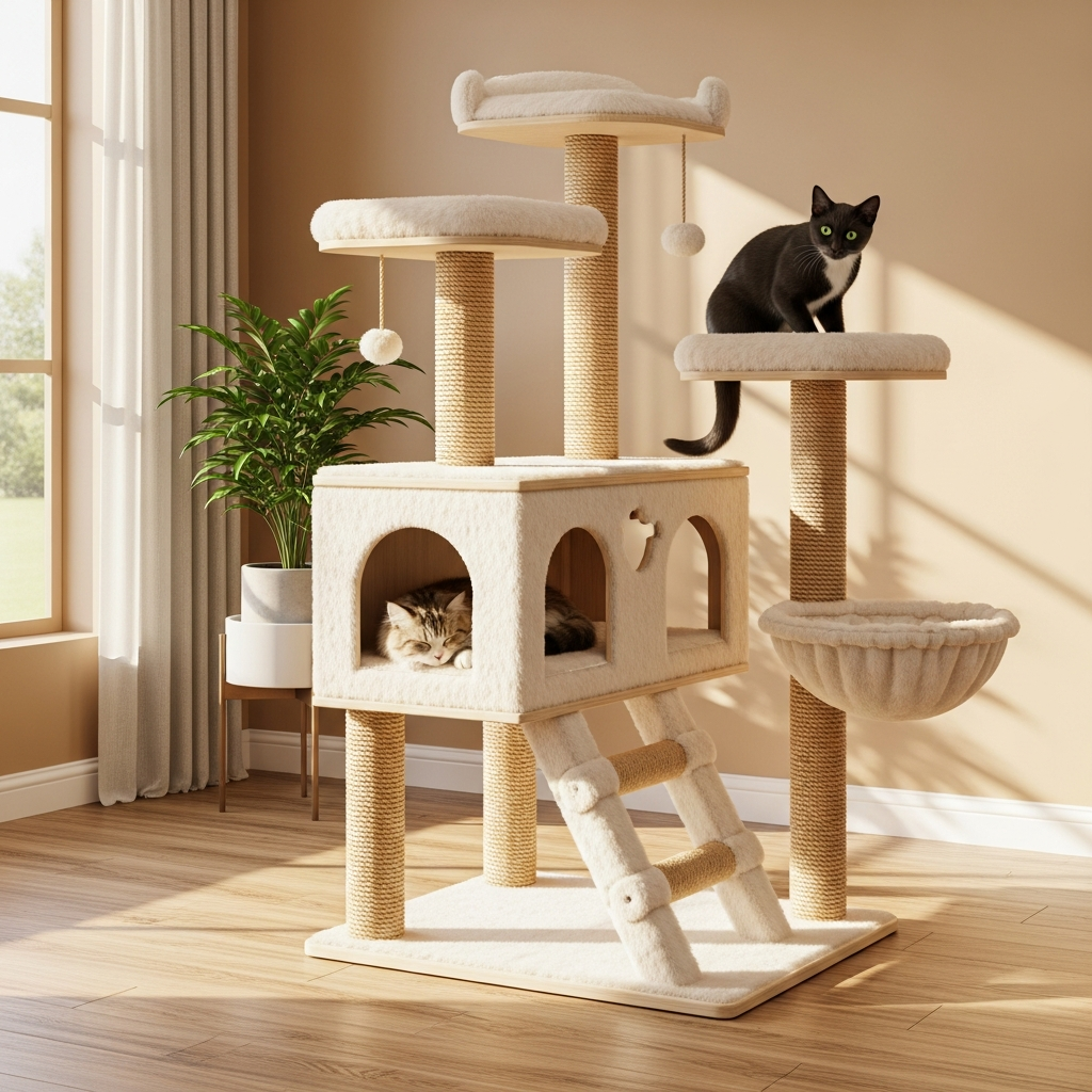 AI_IMAGE: A stylish multi-level cat tower with scratching posts and cozy platforms, photographed in a bright room with warm tones | photorealistic | square