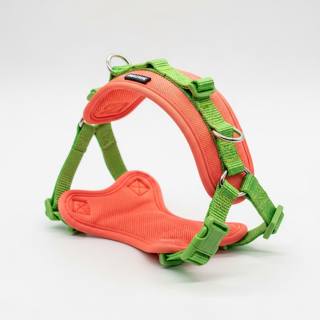 AI_IMAGE: A colorful adjustable dog harness in coral and green colors, displayed on a clean bright background, product photography style | photorealistic | square