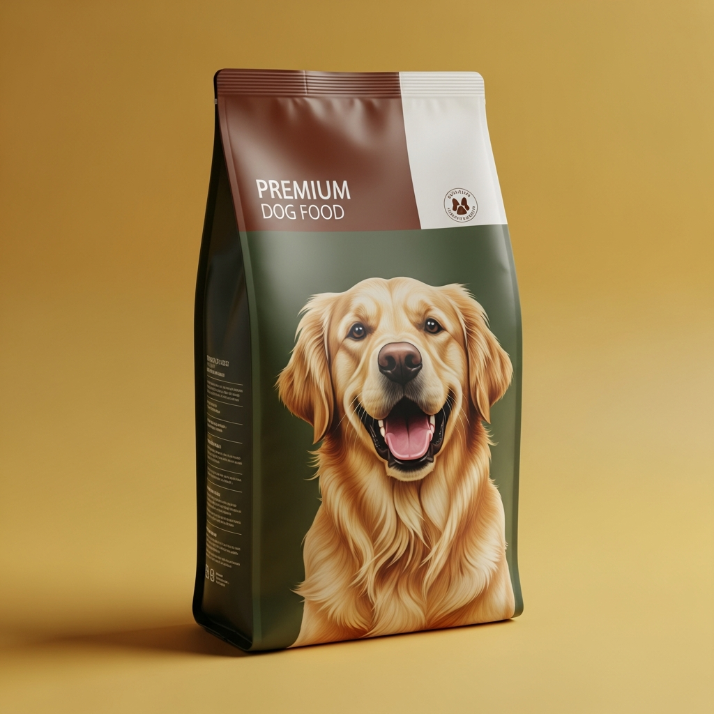 AI_IMAGE: Premium dog food bag with a happy golden retriever illustration on the label, bright studio lighting, clean product photography on a warm yellow background | photorealistic | square