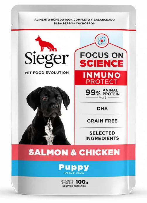 POUCH SIEGER PERRO CACHORRO SALMON Y POLLO