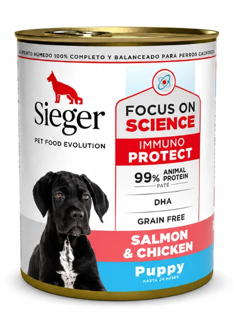 LATA SIEGER PERRO CACHORRO SALMON Y POLLO X 340 GR