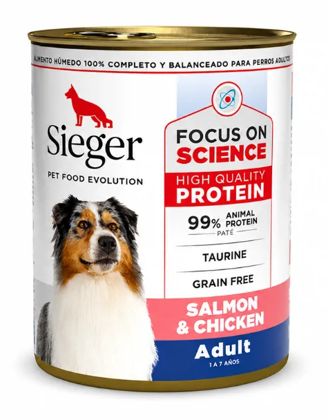 LATA SIEGER PERRO ADULTO SALMON Y POLLO X 340 GR