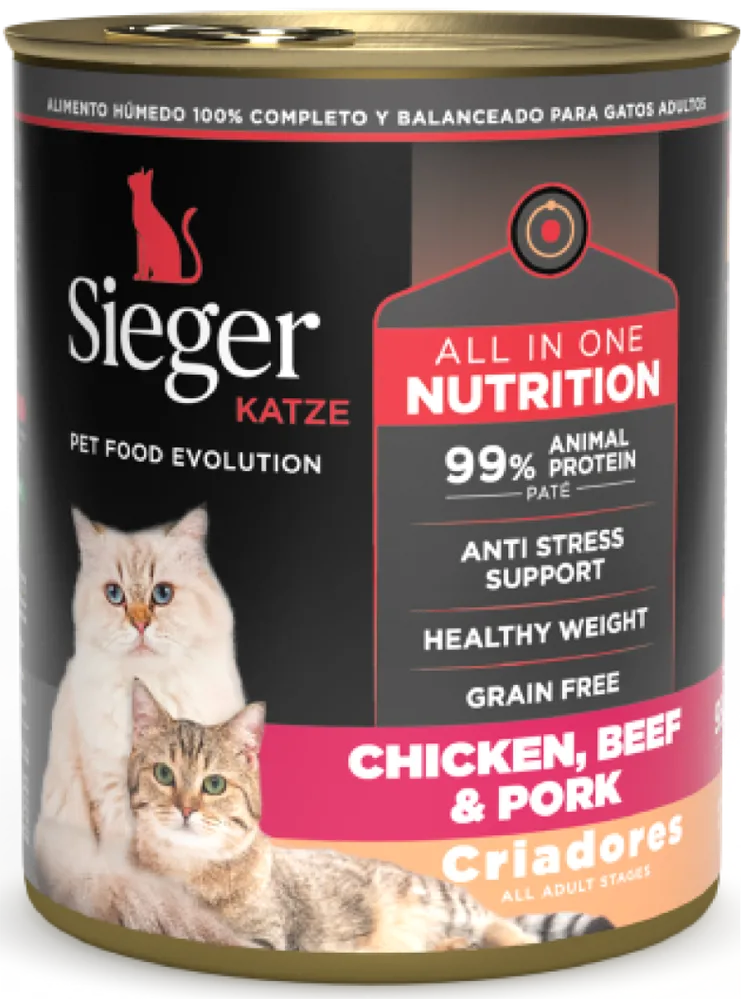 LATA SIEGER KATZE CRIADORES ALL IN ONE CHICKEN, BEEF & PORK 340GR.